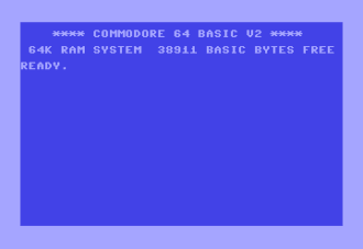 Commodore 64 BASIC V2 startup screen — 64K RAM SYSTEM, 38911 BASIC BYTES FREE