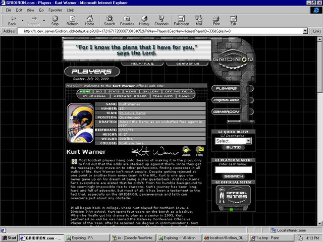 GRIDIRON.com — Kurt Warner player profile, July 30, 2000