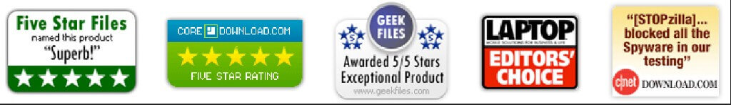 STOPzilla awards — Five Star Files, CNET Download.com, Laptop Editors' Choice, and others