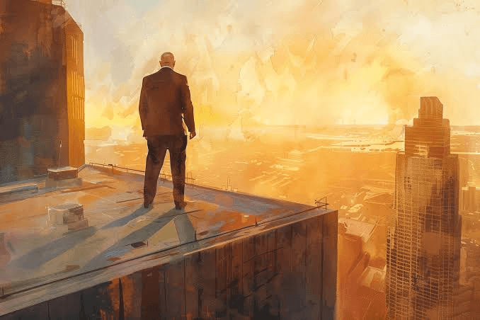 Howard Roark standing on a skyscraper rooftop at sunset — The Fountainhead
