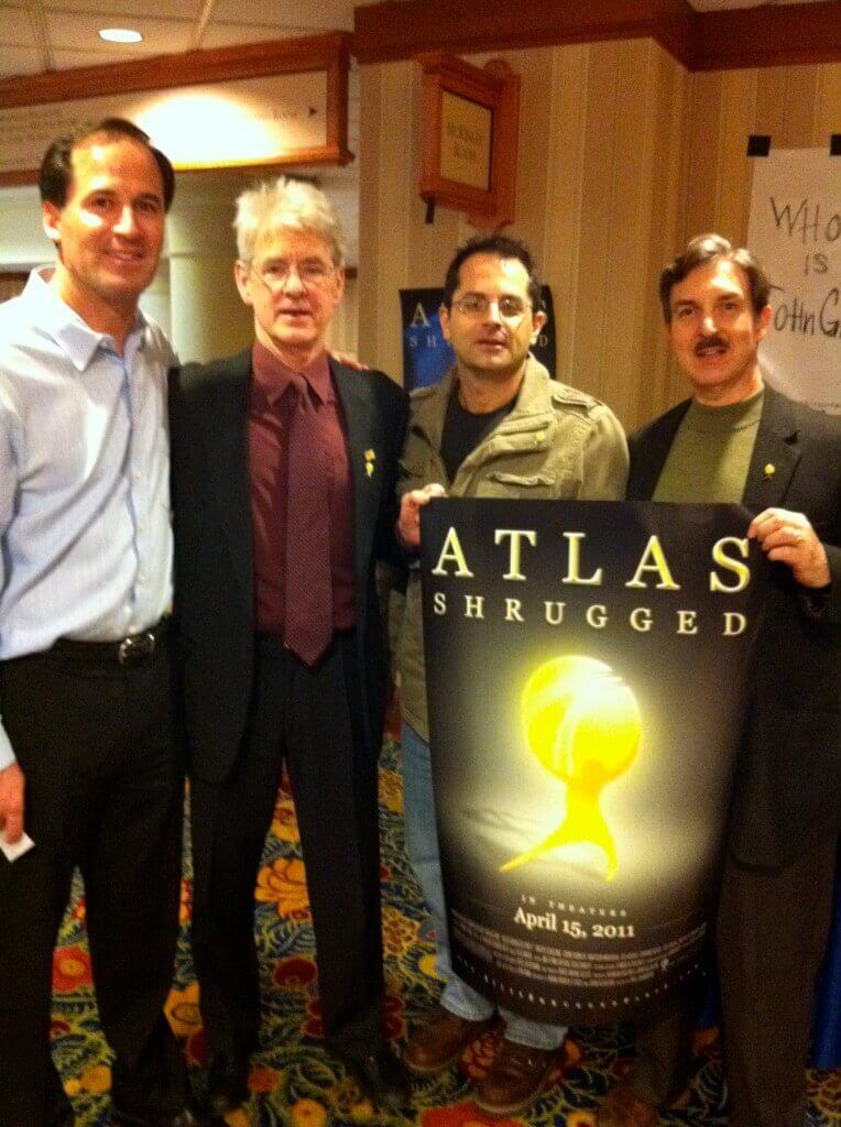 Atlas Shrugged Part 1 promotional event with the film poster, April 2011