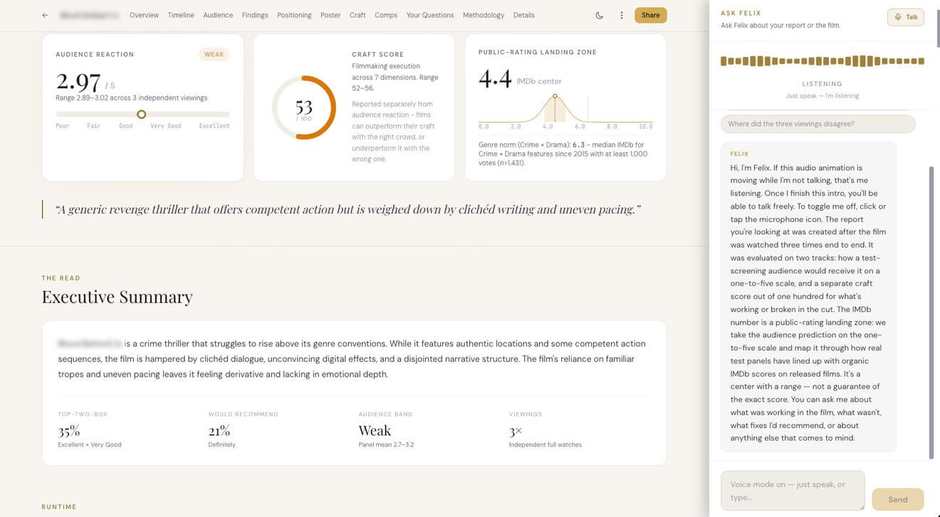 aiScreeningRoom report showing a predicted audience reaction score, craft score, and public rating range