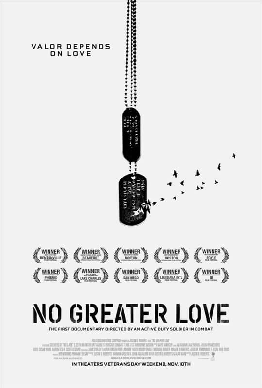 No Greater Love movie poster - dog tags and the line Valor depends on love