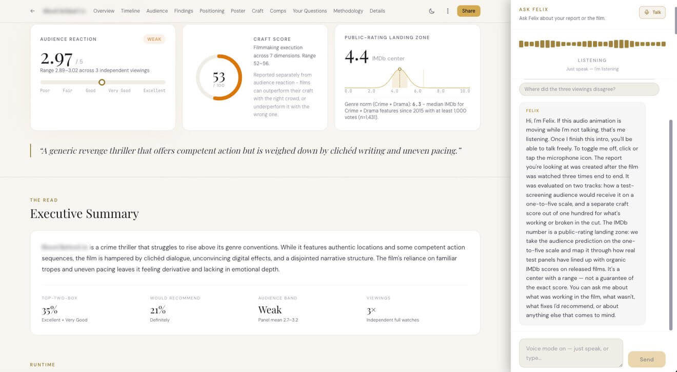 aiScreeningRoom report showing a predicted audience reaction score, craft score, and public rating range