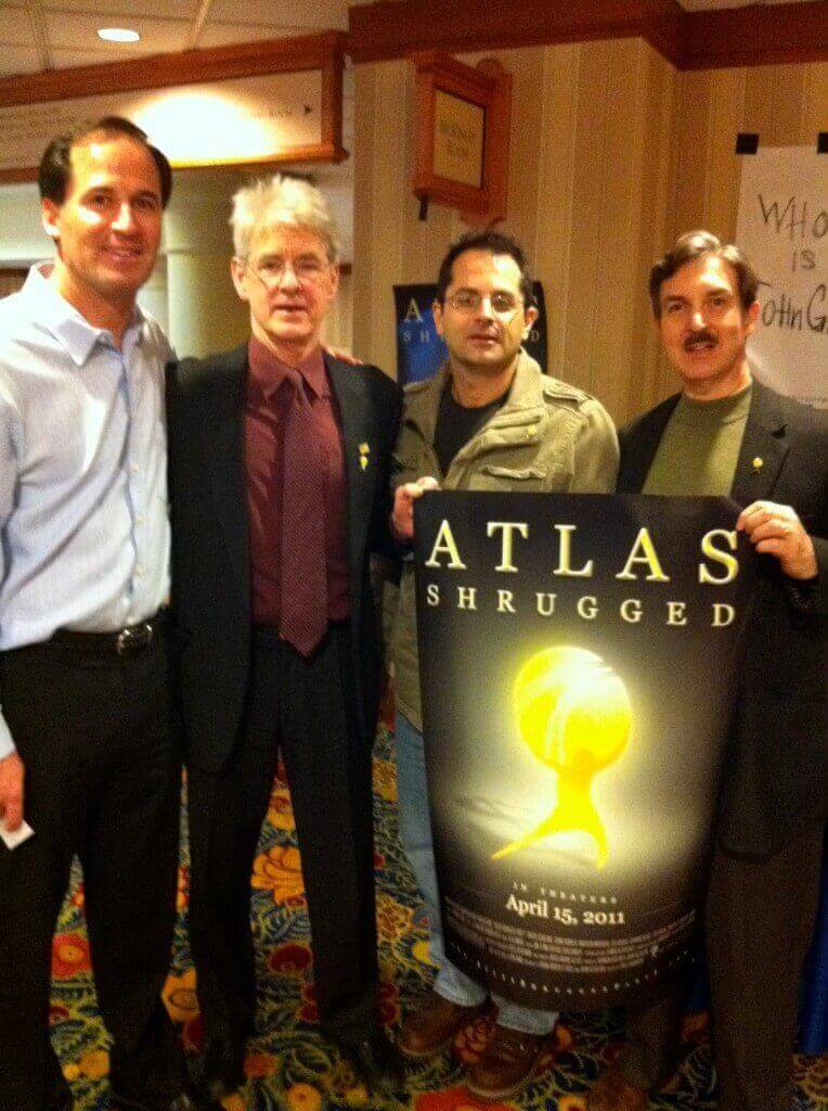 Atlas Shrugged Part 1 promotional event with the film poster, April 2011