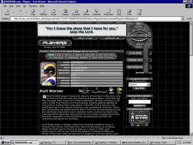 GRIDIRON.com - Kurt Warner player profile, July 30, 2000